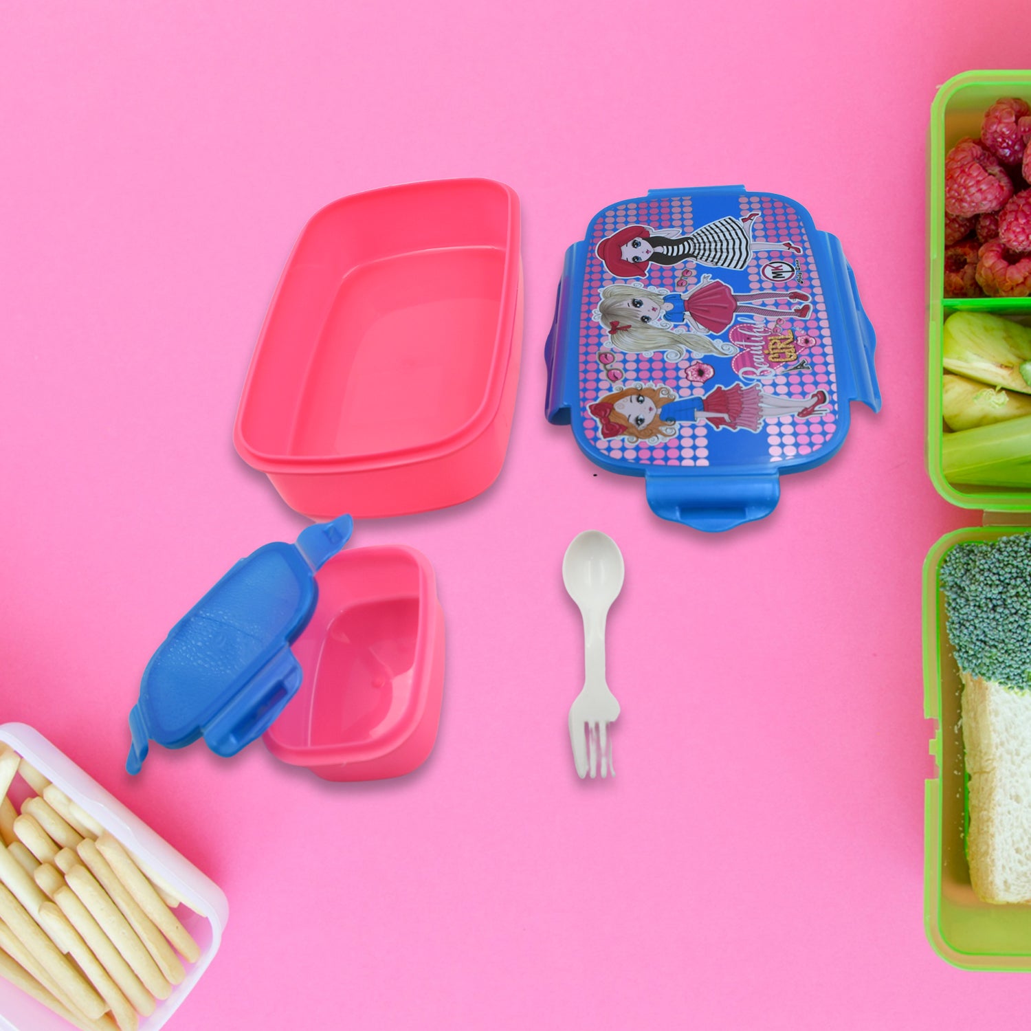 5983 Cartoon Printed Plastic Lunch Box With Inside Small Box  Spoon For Kids Air Tight Lunch Tiffin Box For Girls Boys Food Container Specially Designed For School Going Boys And Girls 5983 Cartoon Printed Plastic Lunch Box With Inside Small Box  Spoon For Kids Air Tight Lunch Tiffin Box For Girls Boys Food Container Specially Designed For School Going Boys And Girls